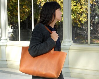 LARGE LEATHER TOTE/ leather light brown tote bag, shoulder bag, carryall. handmade