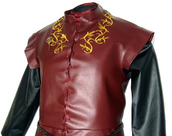 Dark red faux leather jerkin with gold embroidery for Tyrion cosplay, ren faire events, unisex, custom made