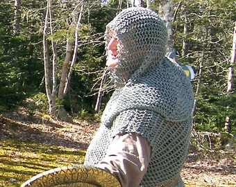 Faux chain mail hood, a hand-knit coif with fitted cowl, unisex, for knights, vikings, medieval lords, SCA and ren faire events