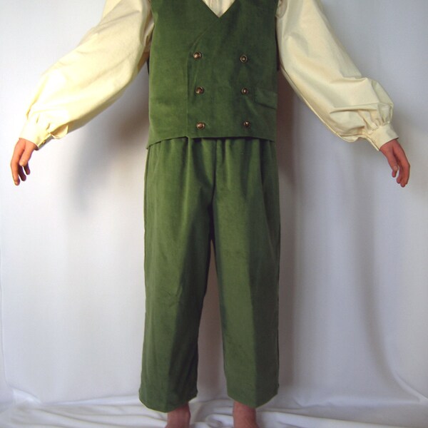 Gentlemen's Halfling outfit, includes shirt, vest and pants, custom made in green velveteen and muslin