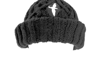 Heron Watch Cap, Brotherband Chronicles, black knit hat in viking style with attached Heron motif badge