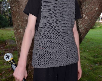 Faux chain mail hauberk, a knitted maille shirt for your  Medieval, Ranger, Knight, LARP, sword and sorcery cosplay or Halloween costume