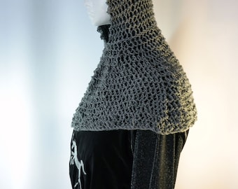 Faux chain mail coif and collar, a hand knit maille hood and cowl, for knights, sword and sorcery fantasy costumes and cosplay