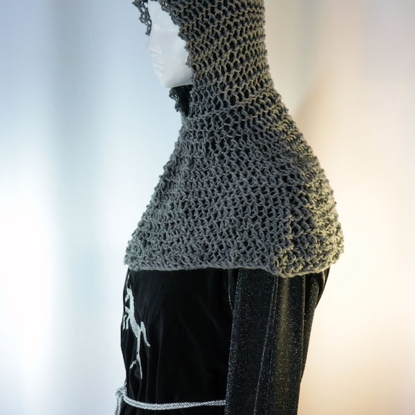 Faux chain mail coif and collar, a hand knit maille hood and cowl, for knights, sword and sorcery fantasy costumes and cosplay