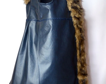 Dwarf King Surcoat, a midnight blue faux leather coat with faux fur collar and trim, Medieval, Renaissance, Viking, LARP, Halloween costumes