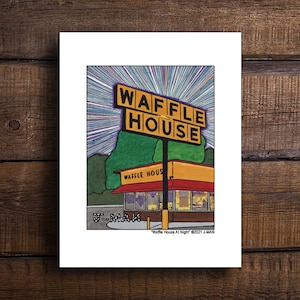 Waffle House At Night Mixed Media Folk Outsider Pop Print #771 by JMAN art (Multiple Sizes)
