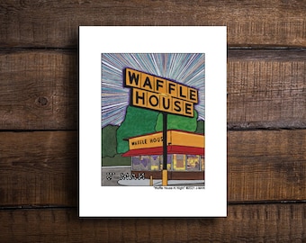 Waffle House At Night Mixed Media Folk Outsider Pop Print #771 by JMAN art (Multiple Sizes)