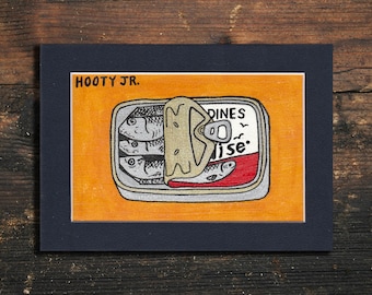 Sardines 4x6 in 5x7 mat Original Mixed Media Folk Art Painting by Self Taught Artist Hooty Jr. and sold by Rebel Arts Oxford