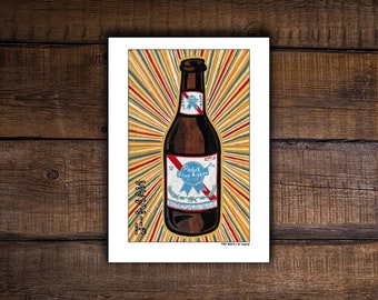 PBR Pabst Blue Ribbon Beer Print Mixed Media Outsider Folk Pop Painting #642 by J-man art