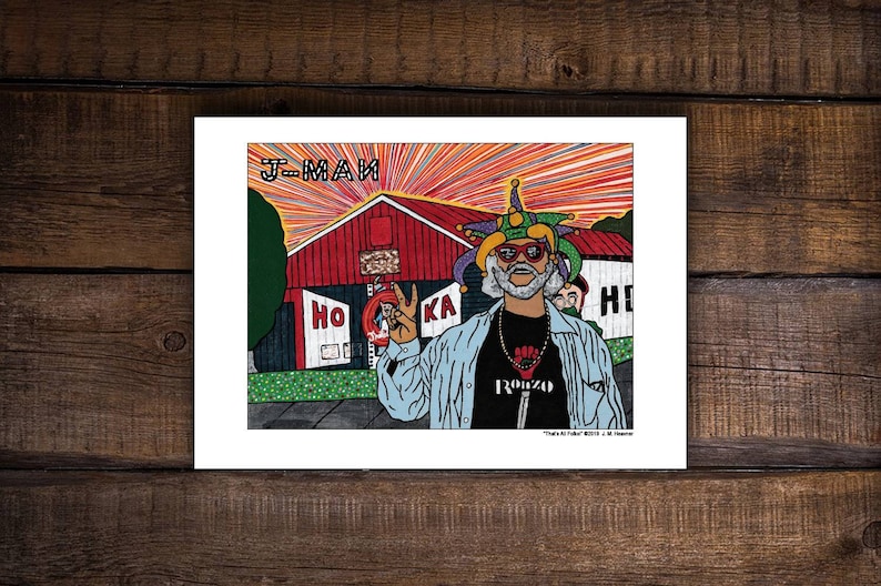 May include: A colorful illustration of a person wearing a jester hat and sunglasses, standing in front of a red building with the words "Hoka" and "He" on it. The person is wearing a blue shirt with a black t-shirt underneath that says "Ronzo". The text "J-Man" is at the top of the image.