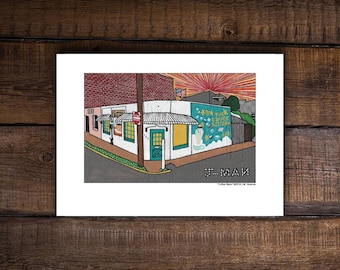 Coffee Bistro Oxford Mississippi Print Mixed Media Outsider Folk Pop Painting #728 by J-man art