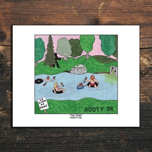 May include: A colorful cartoon print depicting a lake scene with people floating in inner tubes, holding beverages. A sign reads "NO ALCOHOL NO GUNS." The artwork is signed "HOOTY JR."