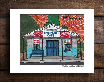 The Blue Front Cafe Bentonia Mississippi Print Mixed Media Outsider Folk Pop Painting #779 by J-man art