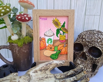 Starbucks Pumpkin Spice Latte 4x6 Original Folk Art Painting by Self Taught Artist J. M. Heavner sold by Rebel Arts Oxford