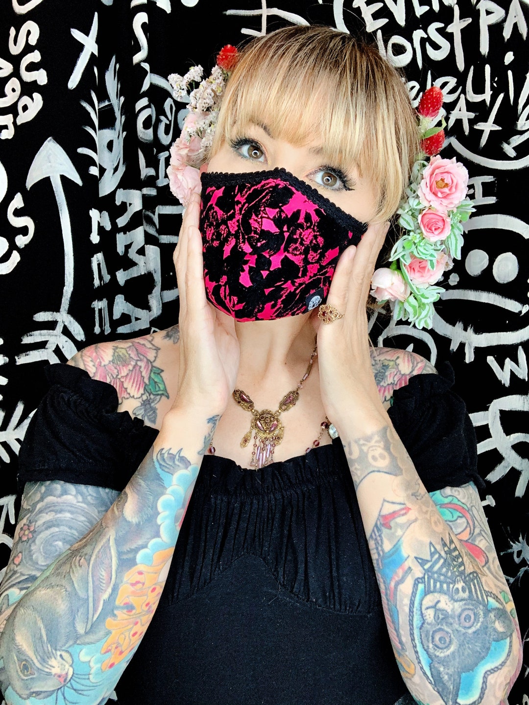 Pink Flo Mask Face Mask Pink Flocked Rose - Etsy