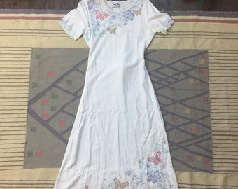 Vintage 70s Dress | Hibis white lace maxi dress with floral detail