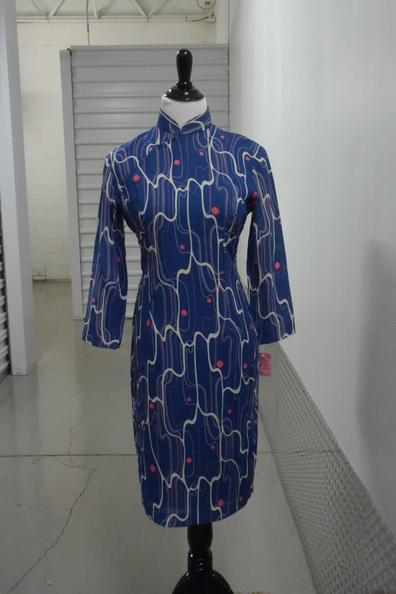 60s Vintage Blue & Pink Abstract High Neck Dress