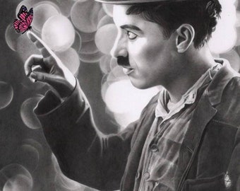 Charlie Chaplin ORIGINAL Drawing - Charlie Chaplin  Portait - Original Pencil Drawing - Gift Ideas - Charlie Chaplin and Butterfly