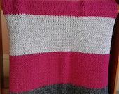 HAND KNIT BLANKET Throw.Raspberry, Charcoal Gray and Silver Gray stripe Blanket Throw. Acrylic Wool Blend. Very Soft and warm, Great Gift.