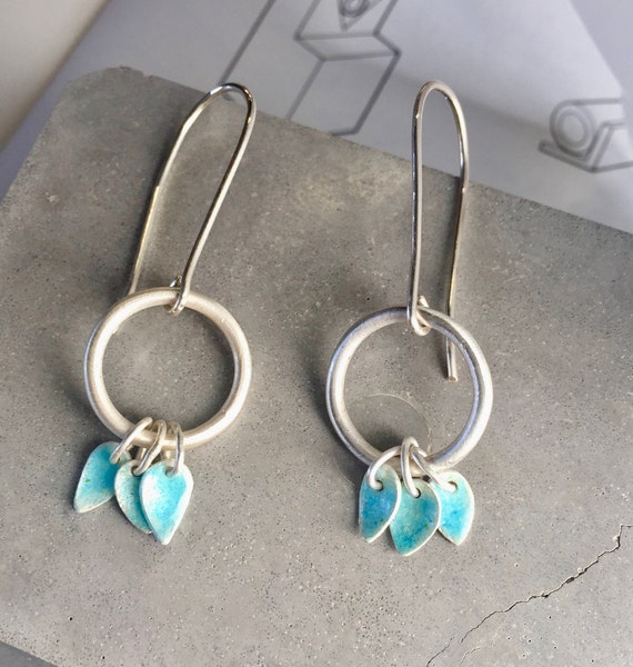 Silver and enamel tassel earrings, Turquoise enamel earrings, drop earrings, charm earrings