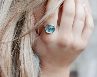 Cabochon ring, Flower ring, sterling silver ring with bezel setting, Blue flowers set under glass