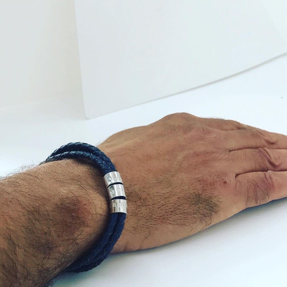 Men’s personalised leather bracelet, silver and leather bracelet, initial bracelet, braided leather bracelet