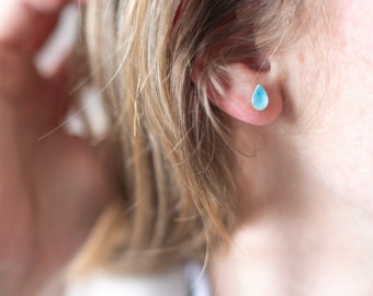 Silver and turquoise enamel stud earrings, blue enamel studs, small stud earrings