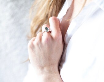 Oval cabochon ring, silver ring, ring with bezel setting, Coloured chiyogami paper, patterned ring, paper  under glass