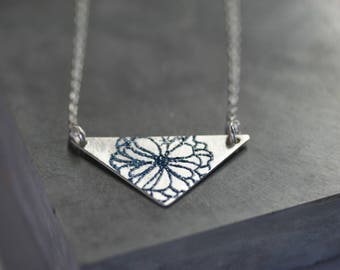 Silver geometric pendant necklace, sterling silver necklace, enamelled necklace