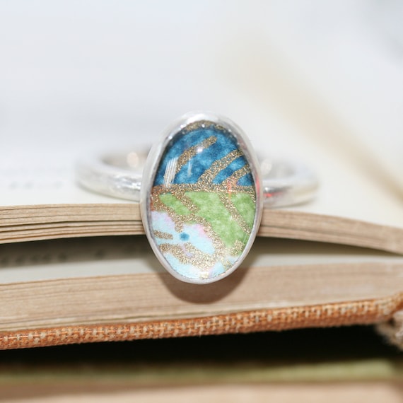 Oval cabochon ring, silver ring, ring with bezel setting, Coloured chiyogami paper, patterned ring, paper under glass