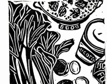 Original linocut Print - Rhubarb Ricotta Cake | Baking | Kitchen Art | Summer | Handmade in Seattle
