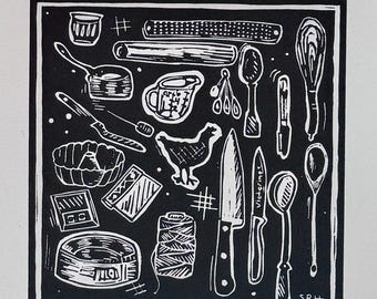 Linocut Print - Kitchen Tools | Kitchen Art | Cooking | Hand-carved in Seattle
