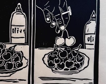 Linocut Print - Cherries | Kitchen Art| Olive Oil | Cherry Picking | Hand-carved in Seattle