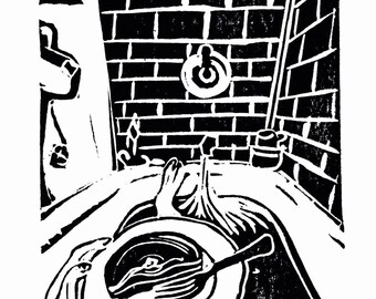 Original linocut Print - Pancakes in the Bathtub | Wall Art | Still Life | Hand-carved in Seattle