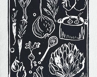 Linocut Print - Winter Vegetables | Soup | Kitchen Art | Artichoke | Hand-carved in Seattle