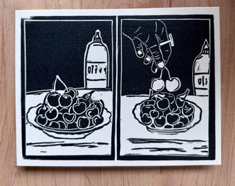 Linocut Greeting Card: Cherries | Housewarming, Kitchen, Summer, Just Because, Black and White