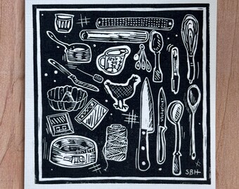 Linocut Greeting Card: Kitchen Tools | Housewarming, Kitchen, Black and White, Cooking