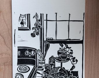 Linocut Greeting Card: Kitchen Scene | Housewarming, Kitchen, Bread & Butter