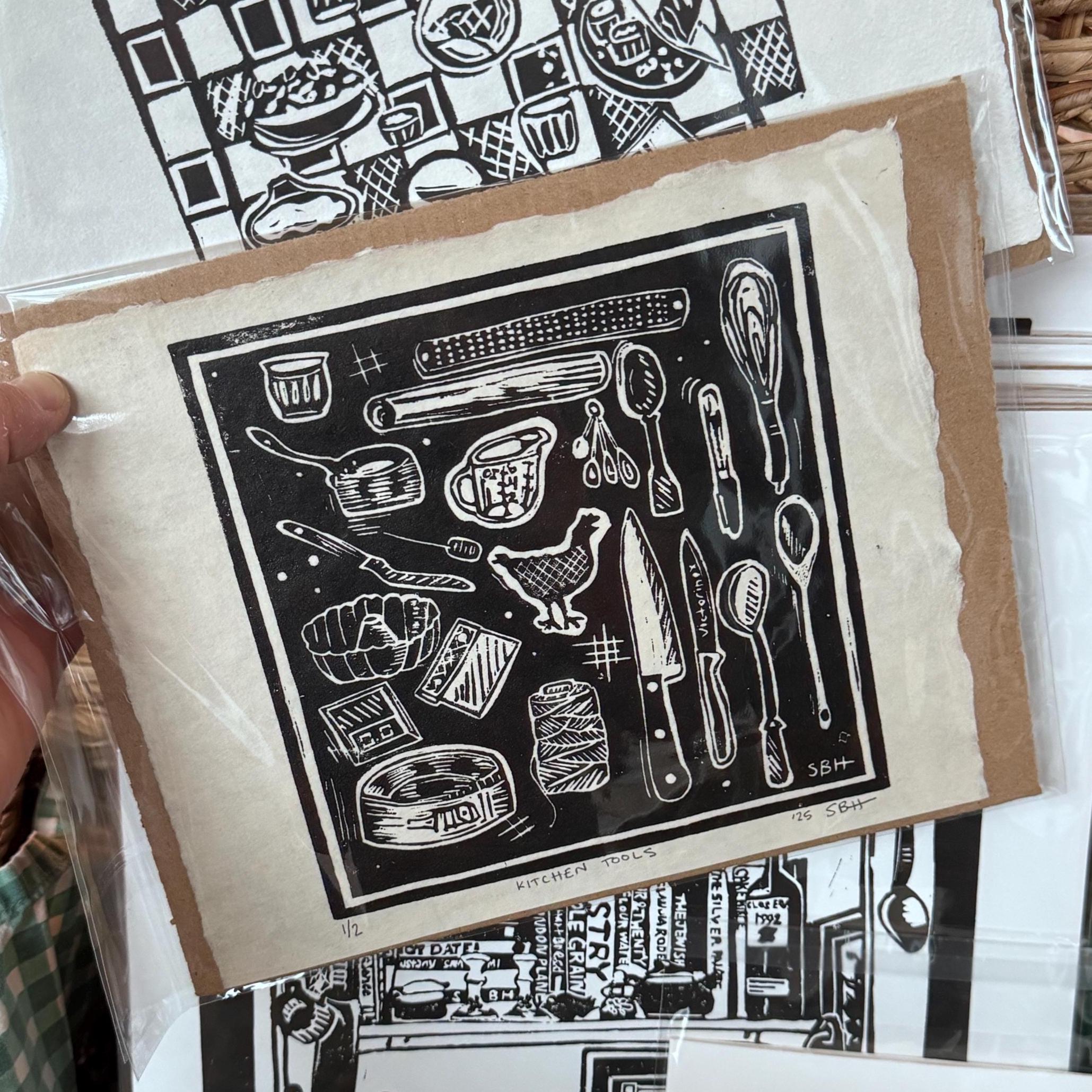 Linocut Print - Kitchen Tools | Kitchen Art | Cooking | Hand-carved in ...