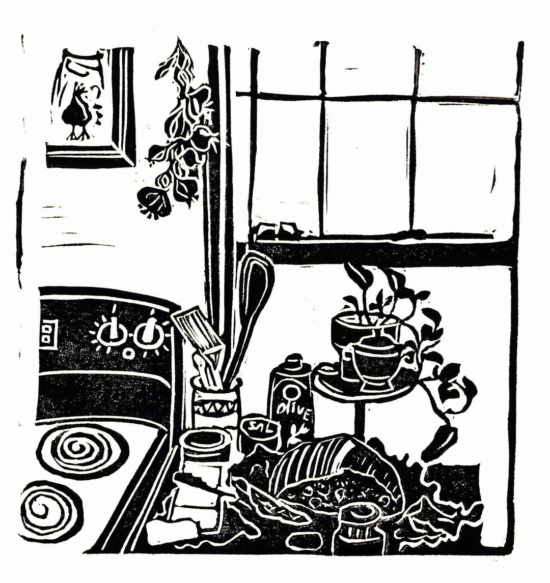 Linocut Print - Kitchen Still Life | Kitchen Art | Cooking | Bread and ...