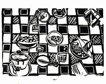 Linocut Print - French Bistro | Baguettes | Cappuccinos | Apple Galette | Hand-carved in Seattle