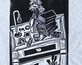 Linocut Print | Bedside Table | Handmade in Seattle | Books | Flowers | Lamp