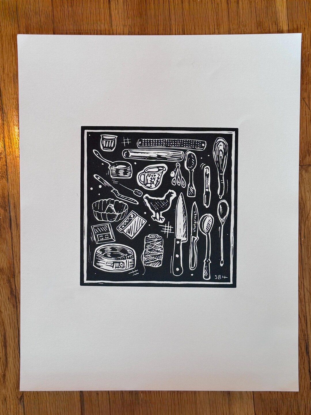 Linocut Print - Kitchen Tools | Kitchen Art | Cooking | Hand-carved in ...