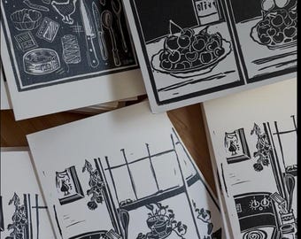 Linocut Greeting Cards Set of Six: Housewarming, Kitchen, Summer, Just Because, Black and White