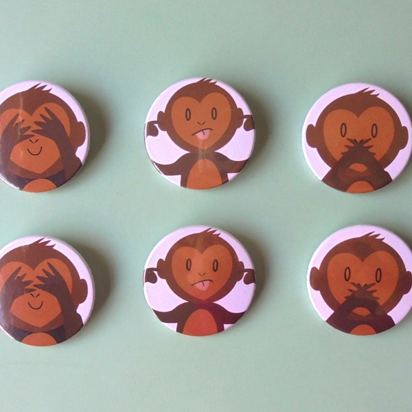 Three Wise Monkeys 3 Badges Set | Original Illustrated Button Pin Badge ! Emoji Monkey, See Hear Speak No Evil