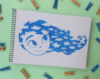 Taccuino bianco in bianco a spirale Gazzetta | Taccuino blu cielo nuvole ragazza illustrato | Taccuino di College | Filo di A5 Sketchbook associato | Parrucca blu gal