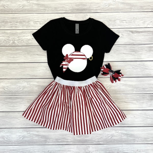 Pirate Minnie Shirt, Skirt, & Bow Set, Cruise Outfit, Girls' Outfit, Minnie Pirate Outfit, Disney Cruise, Girls