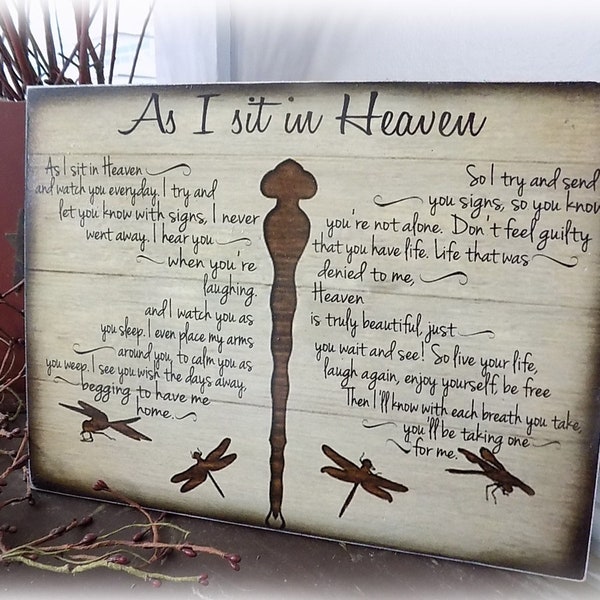 As I sit in Heaven, dragonfly.  12"x15" size made with real wood