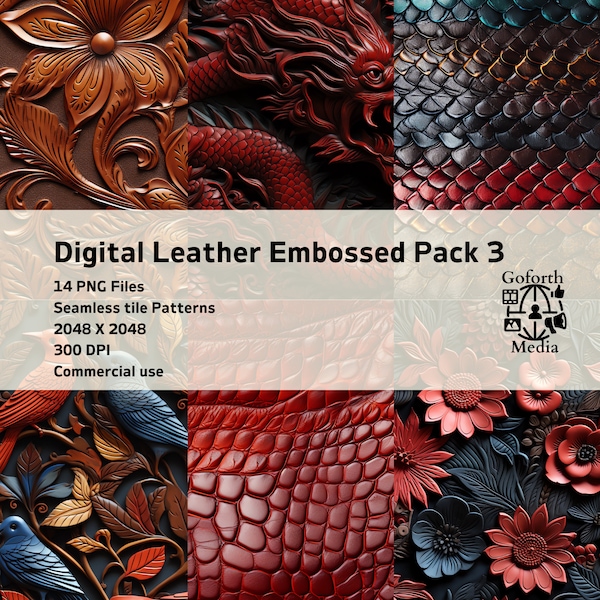 Pack 3 Digital Leather Embossed Patterns: Luxurious 14 Seamless tiles textures png DIY craft design commercial use floral, snake skin dragon