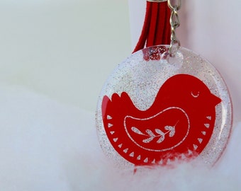 Folk Art Bird Key Chain, clear acrylic bird keychain, red blue white keytag, glitter key chain with tassel, gift for girl, gift under 10